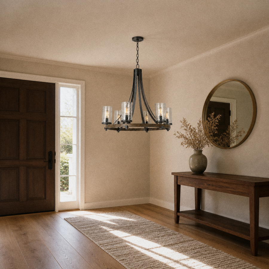 Entryway | the wagon-wheel chandelier hanging over an entry console