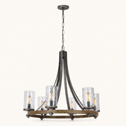Front | studio front of the oak ring, hammered glass cylinders, and chain