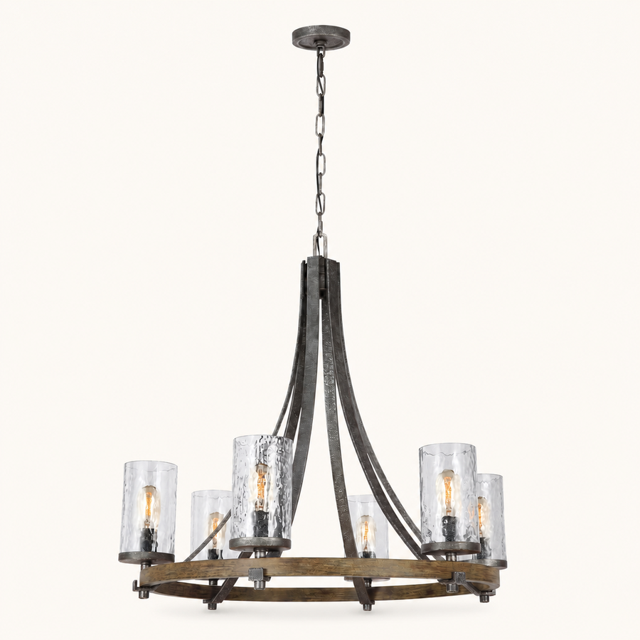 Front | studio front of the oak ring, hammered glass cylinders, and chain