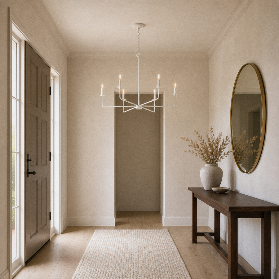 In a room | bisque-white six-arm chandelier hanging in an entryway