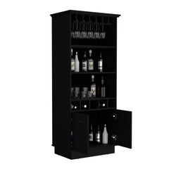 Bar Cabinet with Lighting and Wine Rack in Black Manufactured Wood