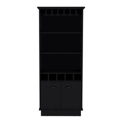 Bar Cabinet with Lighting and Wine Rack in Black Manufactured Wood