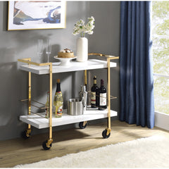 Bar Cart, Two-Tier, White Top with Gold Steel Frame