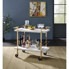 Bar Cart, Two-Tier, White Top with Gold Steel Frame