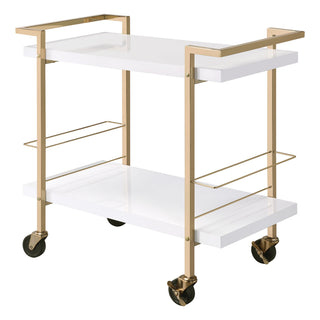 Bar Cart, Two-Tier, White Top with Gold Steel Frame