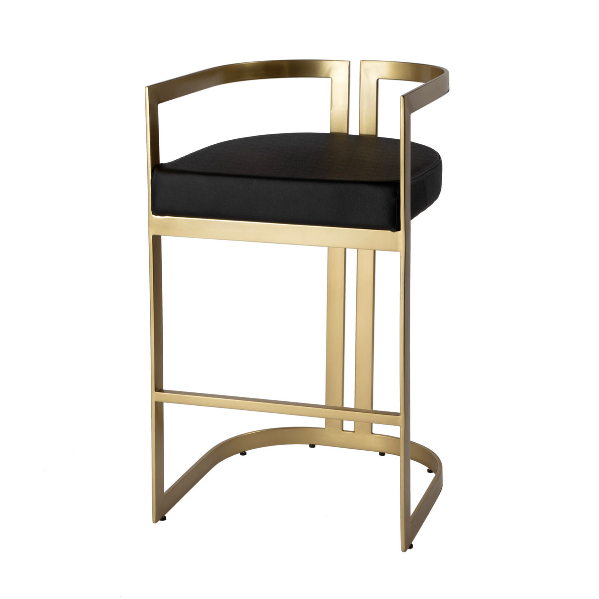 Bar Stool, 28.5 In Seat Height, Gold Iron Frame with Black Faux Leather Seat
