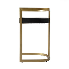 Bar Stool, 28.5 In Seat Height, Gold Iron Frame with Black Faux Leather Seat