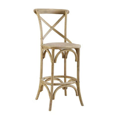 Bar Stool, 29.5 in Seat Height, Elm and Wicker in Gray Wash