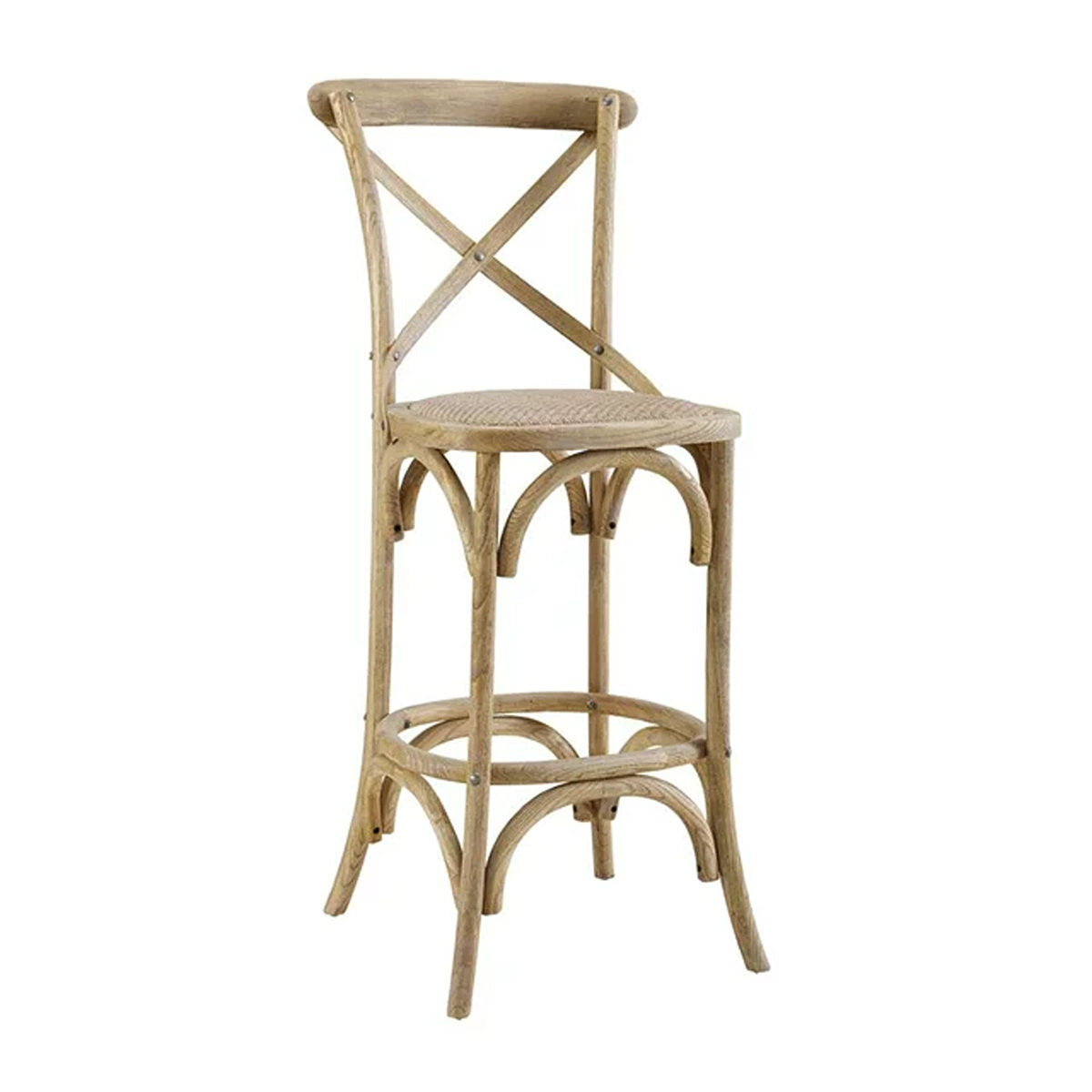 Bar Stool, 29.5 in Seat Height, Elm and Wicker in Gray Wash