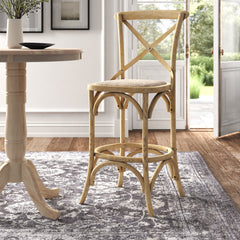 Bar Stool, 29.5 in Seat Height, Elm and Wicker in Gray Wash