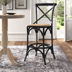 Bar Stool, 29.5 in Seat Height, Elm and Wicker in Gray Wash