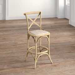 Bar Stool, 29.5 in Seat Height, Elm and Wicker in Gray Wash