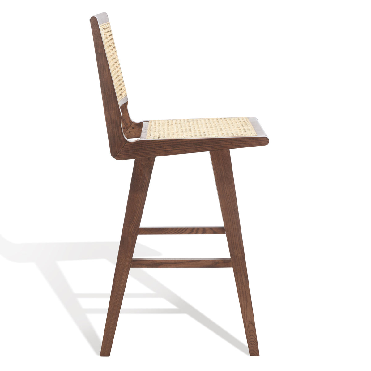 Bar Stool, 29.5 Inch Seat Height, Rattan Seat, Solid Wood Frame, Walnut
