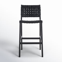 Bar Stool, 29.7 in Seat Height, Black Leather with Black Wood Frame