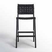 Bar Stool, 29.7 in Seat Height, Black Leather with Black Wood Frame