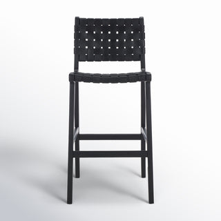Bar Stool, 29.7 in Seat Height, Black Leather with Black Wood Frame