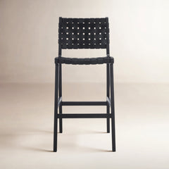 Bar Stool, 29.7 in Seat Height, Black Leather with Black Wood Frame