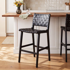 Bar Stool, 29.7 in Seat Height, Black Leather with Black Wood Frame