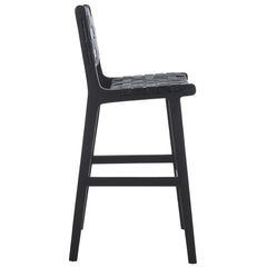 Bar Stool, 29.7 in Seat Height, Black Leather with Black Wood Frame
