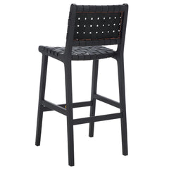 Bar Stool, 29.7 in Seat Height, Black Leather with Black Wood Frame
