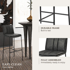 Bar Stool, 29 Inch Seat Height, Charcoal Black Faux Leather with Black Metal Frame