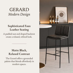 Bar Stool, 29 Inch Seat Height, Charcoal Black Faux Leather with Black Metal Frame