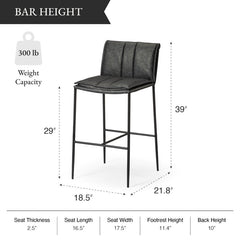 Bar Stool, 29 Inch Seat Height, Charcoal Black Faux Leather with Black Metal Frame