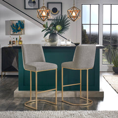 Bar Stool, 29-Inch Seat Height, Light Gray Fabric with Gold Iron Base