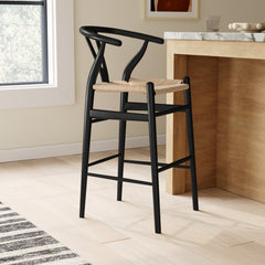 Bar Stool, 30.3 in Seat Height, Natural Rattan Seat with Black Solid Wood Frame