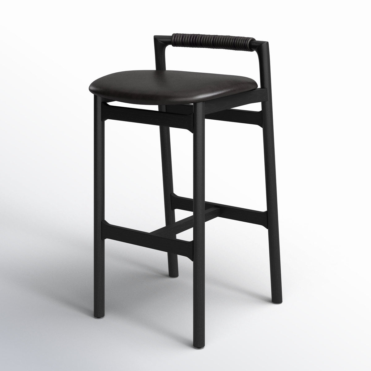 Bar Stool, 30 in Seat Height, Black Genuine Leather with Brushed Ebony Ash Legs