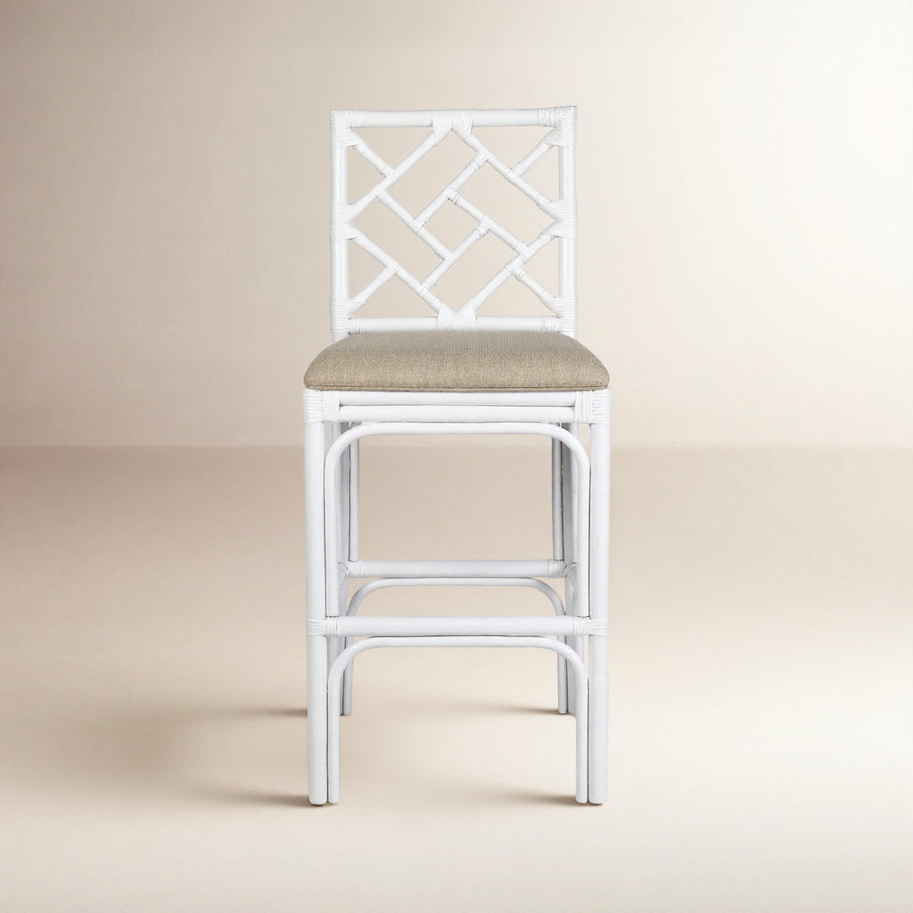 Bar Stool, 30 in Seat Height, Brown Seat with White Rattan Frame