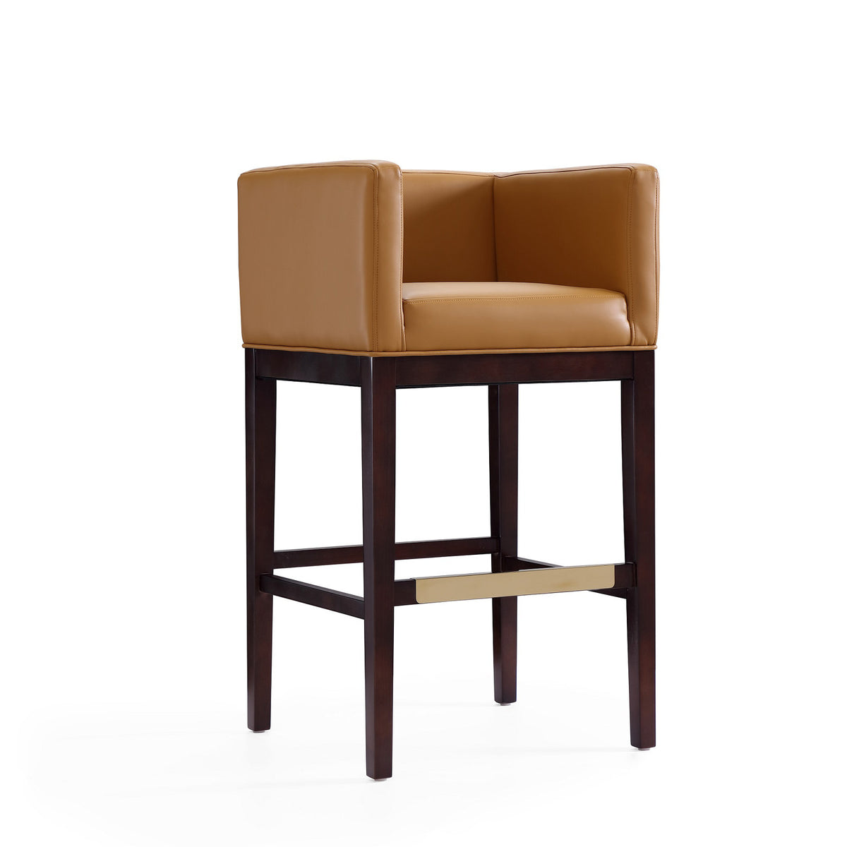 Bar Stool, 30 in Seat Height, Camel Faux Leather with Beech Wood Frame