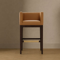 Bar Stool, 30 in Seat Height, Camel Faux Leather with Beech Wood Frame