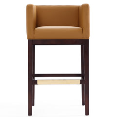 Bar Stool, 30 in Seat Height, Camel Faux Leather with Beech Wood Frame