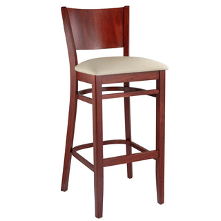 Bar Stool, 30 in Seat Height, Cream Faux Leather with Mahogany Wood Frame