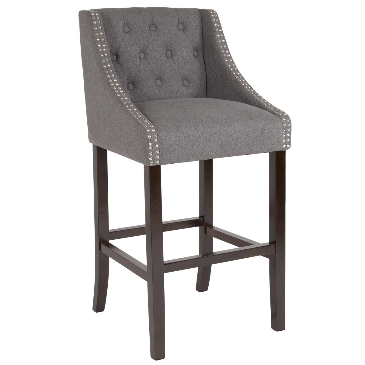 Bar Stool, 30 in Seat Height, Dark Gray Upholstery with Brown Wood Frame
