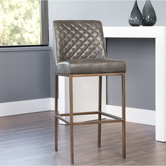 Bar Stool, 30 in Seat Height, Gray Faux Leather with Black Metal Frame
