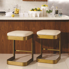 Bar Stool, 30 in Seat Height, Ivory Leather with Brass Iron Frame