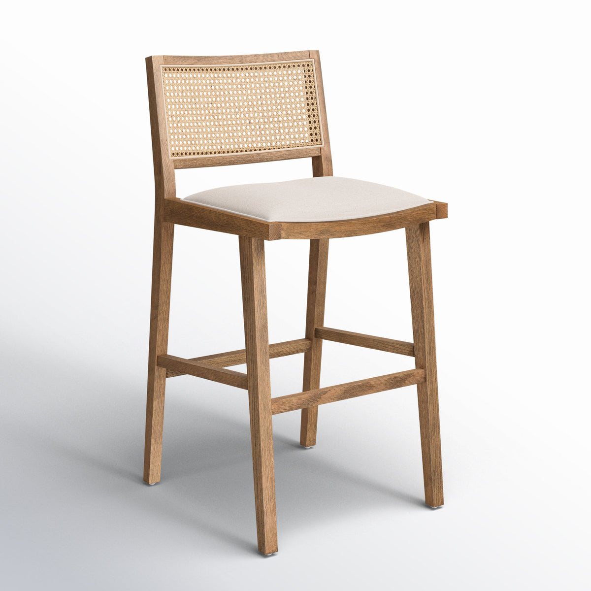 Bar Stool, 31 in Seat Height, Flax Polyester Seat with Natural Cane Back