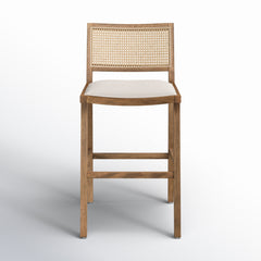 Bar Stool, 31 in Seat Height, Flax Polyester Seat with Natural Cane Back