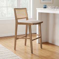 Bar Stool, 31 in Seat Height, Flax Polyester Seat with Natural Cane Back