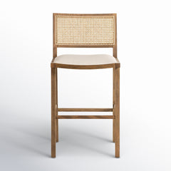 Bar Stool, 31 in Seat Height, Flax Polyester Seat with Natural Cane Back