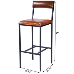 Bar Stool, Genuine Leather, 31.5 Inch Seat Height, Orangish Brown, Black Iron Frame