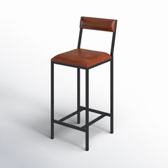 Bar Stool, Genuine Leather, 31.5 Inch Seat Height, Orangish Brown, Black Iron Frame