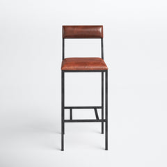 Bar Stool, Genuine Leather, 31.5 Inch Seat Height, Orangish Brown, Black Iron Frame