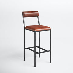 Bar Stool, Genuine Leather, 31.5 Inch Seat Height, Orangish Brown, Black Iron Frame