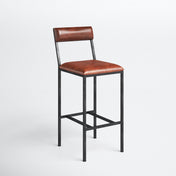 Bar Stool, Genuine Leather, 31.5 Inch Seat Height, Orangish Brown, Black Iron Frame