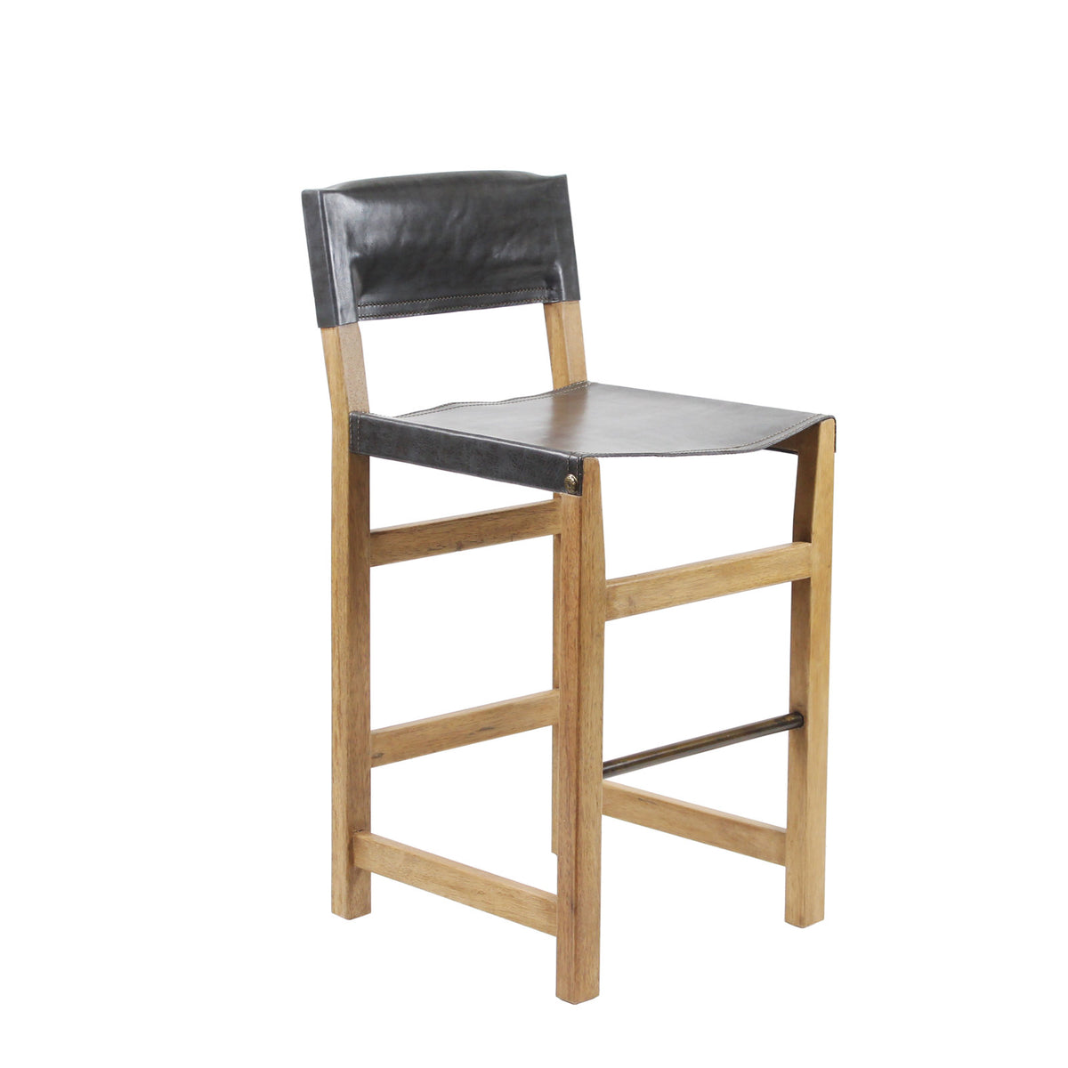 Bar Stool, Genuine Leather Seat and Back, Solid Wood Frame, Gray