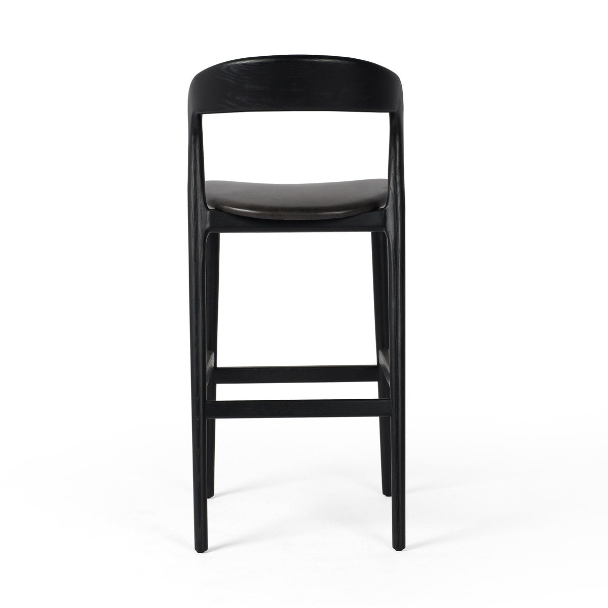 Bar Stool, Genuine Leather Seat, Solid Wood Frame, Sonoma Black with Black Base