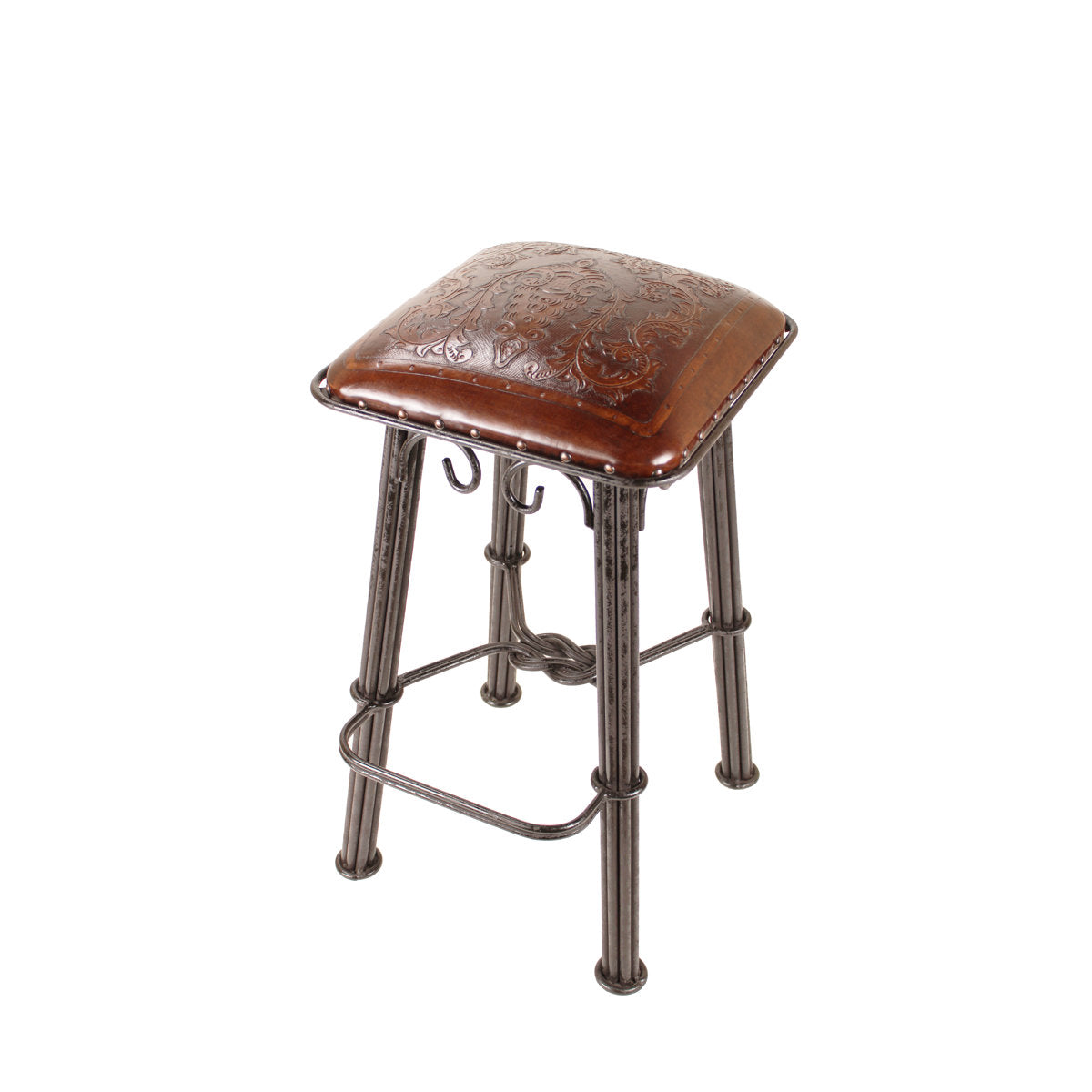 Bar Stool, Hand-Tooled Leather Seat, Metal Frame, Colonial Brown